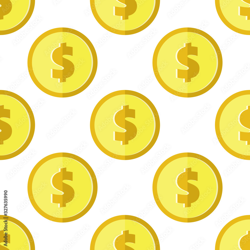 Abstract golden coins with dollar sign seamless pattern. Wrapping background with repeating USA currency symbols in gold colors on white. Vector eps8 illustration. Abstract golden coins with dollar sign seamless pattern. Wrapping background with repeating USA currency symbols in gold colors on white. Vector eps8 illustration.