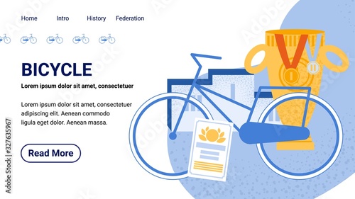 Landing Page in Sportive Design Inviting Join to Cycling Race. Podium for Winners, Bicycle, Trophy Cup Prize, Certificate for First Place and Victory. Bike Championship Reward. Vector Illustration