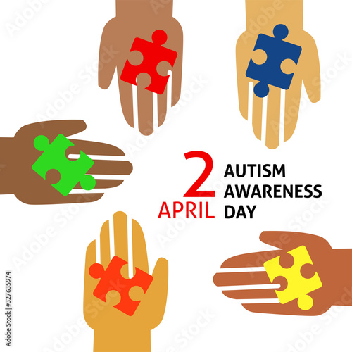 A square vector image with a hand holding a  puzzle for the autism awareness day. A template for a medicine flyer poster card design 