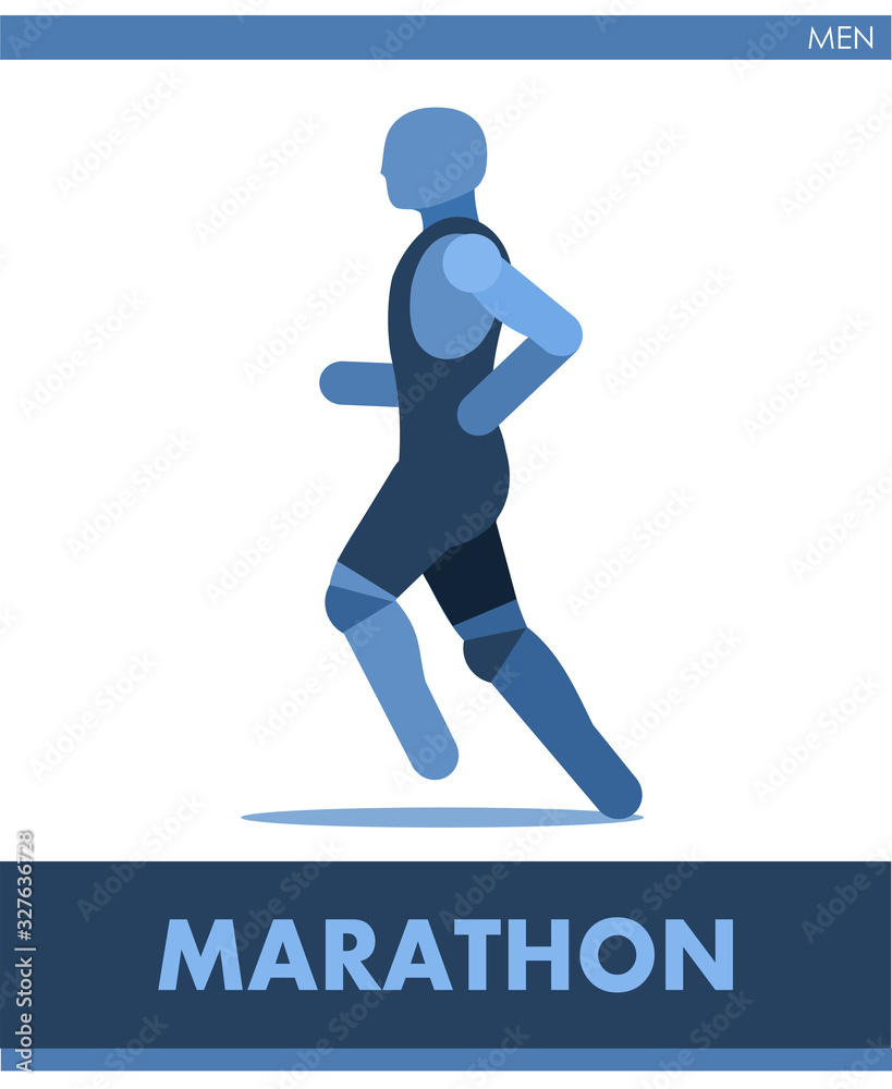 Marathon pictogram. Man competes in race running. Icon of sportsman track and field. Men or boys athletics. Run. International male summer sports. Symbolic image is one of a series.  Vector isolated.