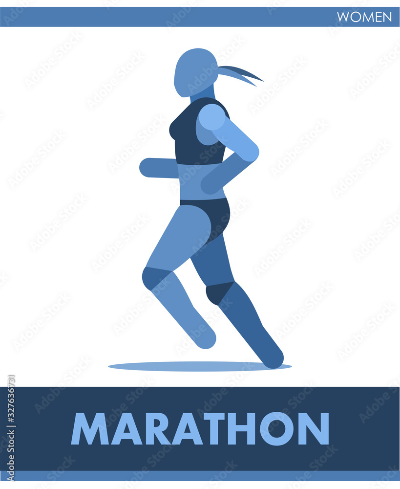 Marathon pictogram. Woman competes in race running. Icon of sportswoman track and field. Women or girls athletics. Run. International female summer sports. Symbolic image is one of a series.  Vector