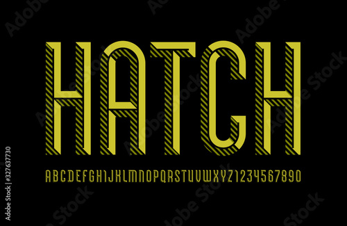 Hatched font, trendy striped alphabet sans serif, modern condensed letters and numbers