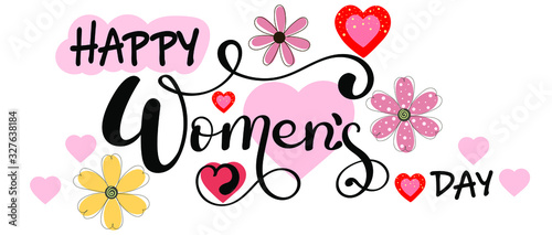 8 March. Happy Women's day card with hearts of love and flowers. Illustration women's day