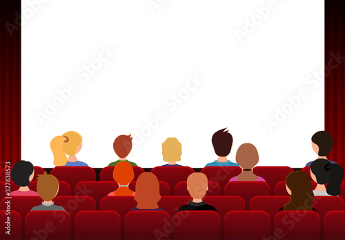 Cartoon Color Characters People in Movie Theater Concept. Vector