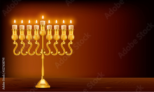 Realistic Detailed 3d Golden Menorah with Burning Candle. Vector