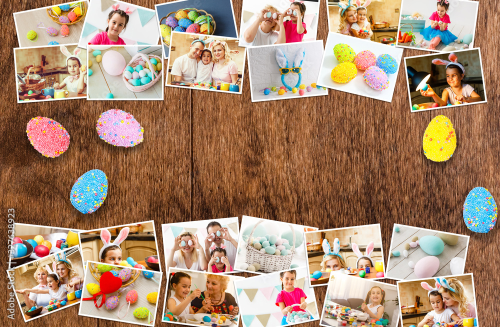 collage of photos of Happy easter day on wood table backgroud. Holiday in spring season. vintage and retro style, top view