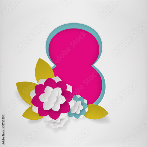Paper cutted 8 march greetings card. Flowers  and leaf on the paper cut eight. Can be used for banners, posters, postcards, presentations and web.