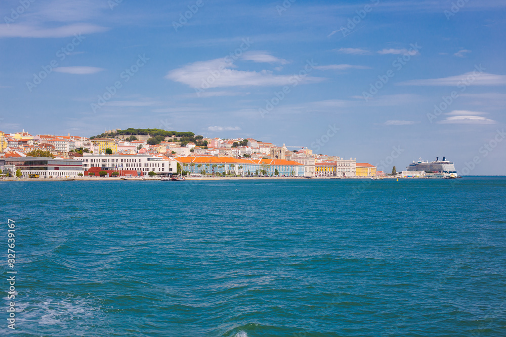 Lisbon on the Tagus river bank, central Portugal. Tajo view from the ferry to Almada.