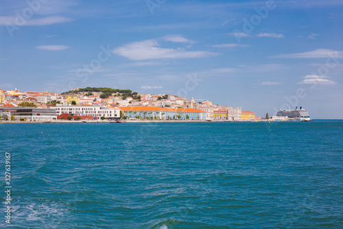 Lisbon on the Tagus river bank  central Portugal. Tajo view from the ferry to Almada.