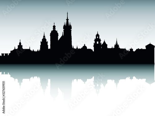 Vector Illustration of Panoramic Silhouette Skyline of Krakow Poland