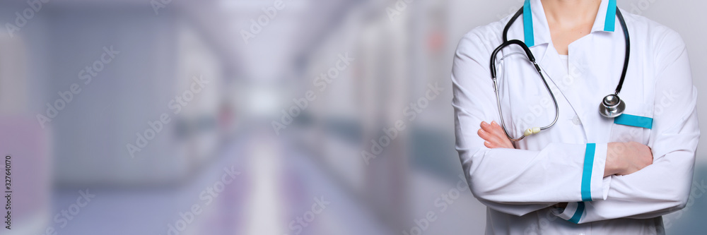 Doctor woman over blue hospital background. Headline. Doctor woman over blue hospital background. Headline.