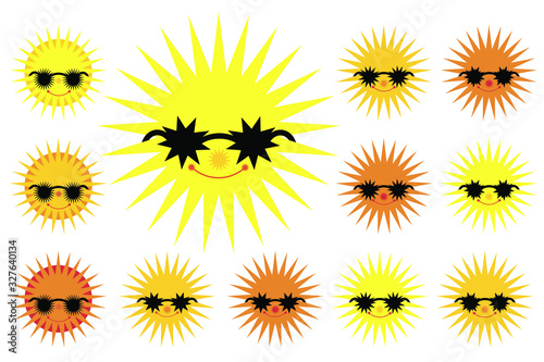 Set of cheerful sun in black glasses