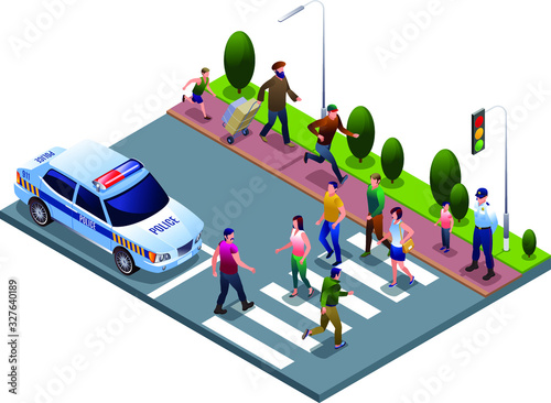 Pedestrians at a Crosswalk and Policeman illustration isometric icons on isolated background