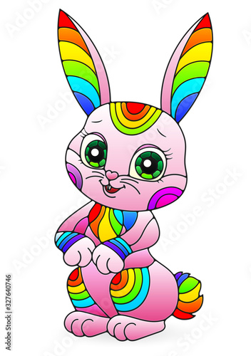 Illustration in stained glass style for the Easter holiday, cute cartoon pink rabbit isolated on a white background