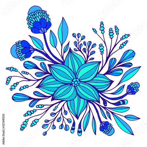 Cyan and dark blue fantasy flower, framed by leaves and buds