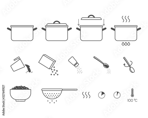 Instructions for the preparation of food. Steps how to cook porridge. Vector elements on a white background.