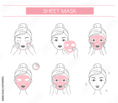 Steps how to apply facial cosmetic mask. Line vector elements on a white background.