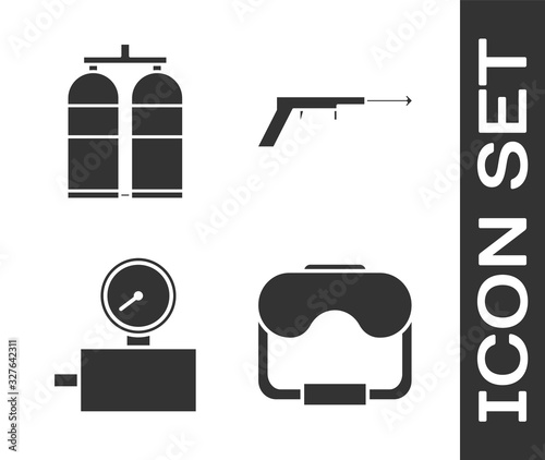 Set Diving mask, Aqualung, Gauge scale and Fishing harpoon icon. Vector