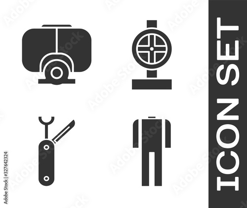 Set Wetsuit for scuba diving, Diving mask, Swiss army knife and Industry metallic pipes and valve icon. Vector