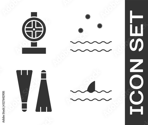Set Shark fin in ocean wave, Industry metallic pipes and valve, Rubber flippers for swimming and Cold and waves icon. Vector