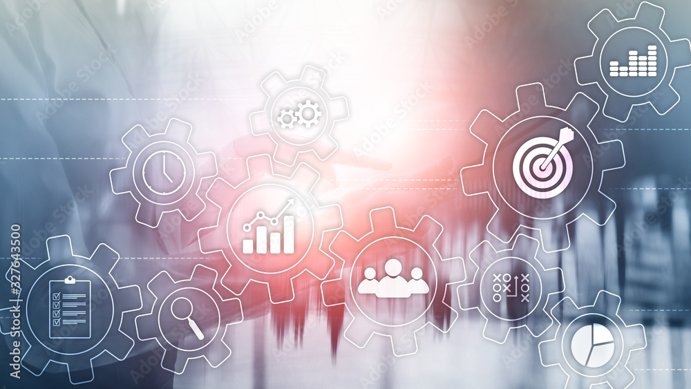 Business process automation concept. Gears and icons on abstract background.