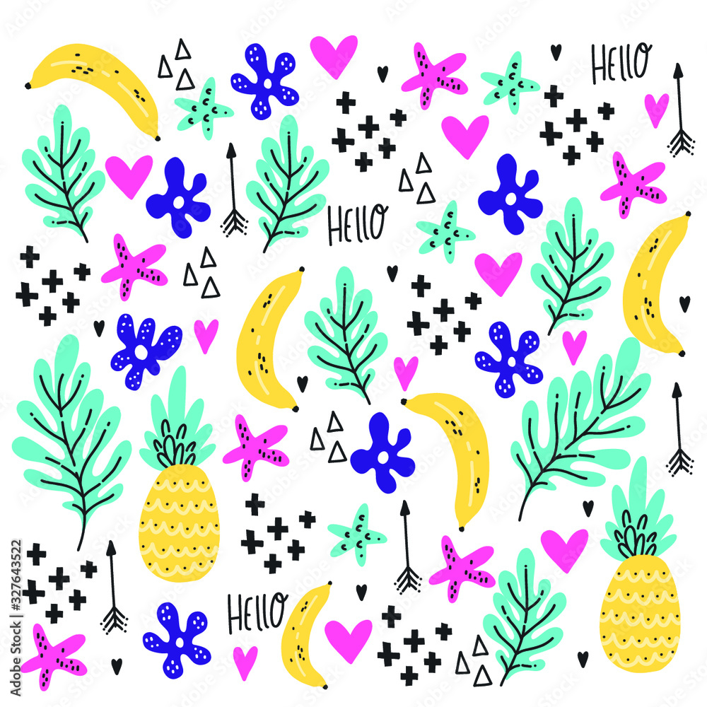 Doodle illustration. Cute styled summer tropical elements. Bright summer card.