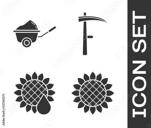 Set Sunflower, Wheelbarrow with dirt, Sunflower and Scythe icon. Vector