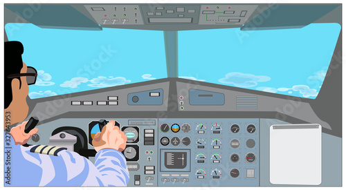 view from the cockpit of an airplane, a priority board in the cockpit of an airplane, view of a blue sky with clouds.