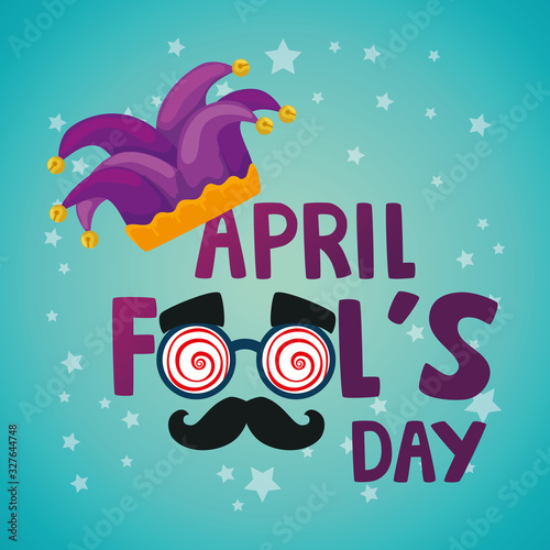 april fools day with hat buffoon and crazy mask vector illustration design