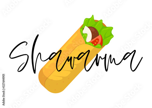 Shawarma fast food meat roll with lettering inscription. Arabic eastern toasty doner kebab meal. Cartoon shaurma or burrito flat vector illustration
