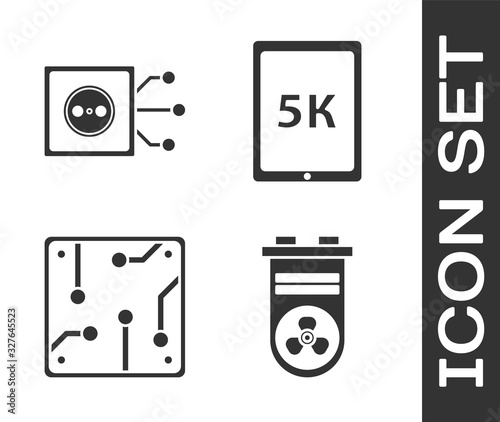 Set Video graphic card, Remote control, Processor and Tablet with text 5k icon. Vector
