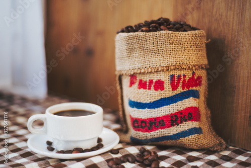 Costa Rican coffee inside a mini sack photo