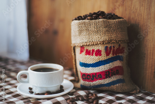 Costa Rican coffee inside a mini sack
