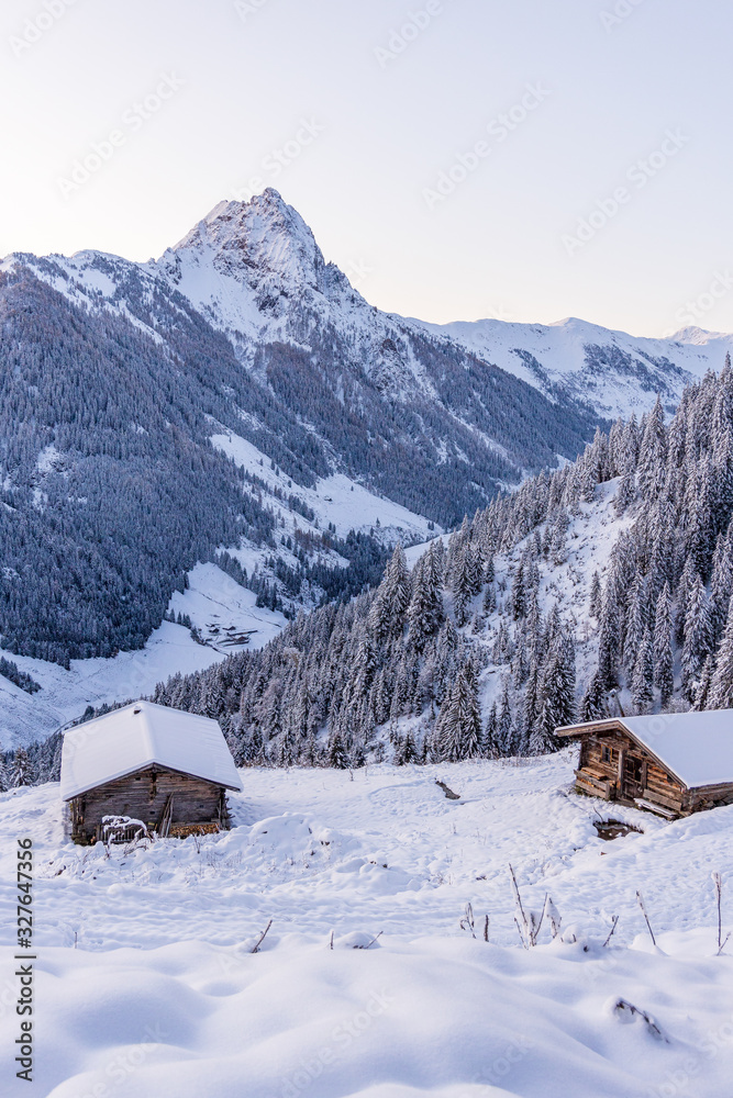 Winter in the Austrian Alps, View of Grosser Rettenstein Mountain in the morning light of a winterday