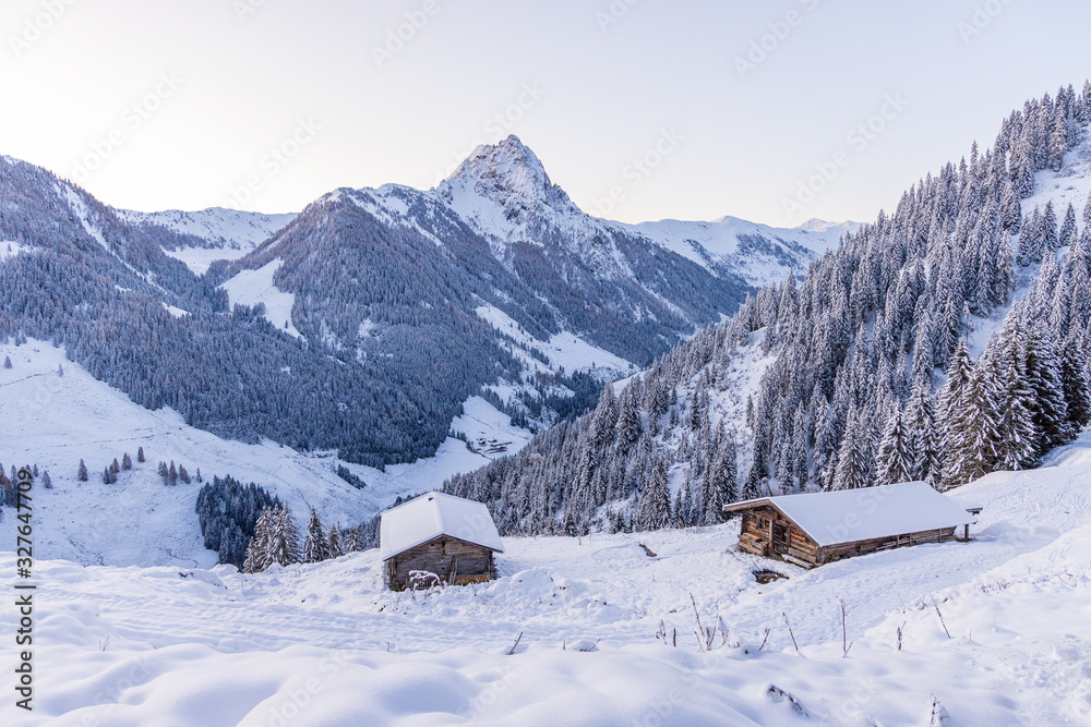 Fototapeta premium Winter in the Austrian Alps, View of Grosser Rettenstein Mountain in the morning light of a winterday