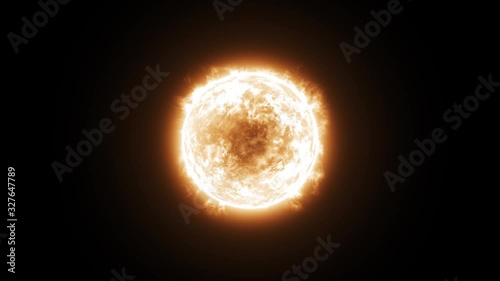 3D animation of a burning yellow and orange sun, with no space background or foreground, solar flares and core animation and the camera slowly moving towards it.
