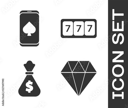 Set Diamond, Online poker table game, Money bag and Slot machine with lucky sevens jackpot icon. Vector