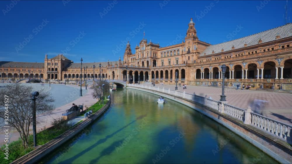 The Plaza de Espana Timelapse 4k in Seville Spain City Center with Tourists Visiting the City. The Plaza de Espana Timelapse 4k in Seville Spain City Center with Tourists Visiting the City.