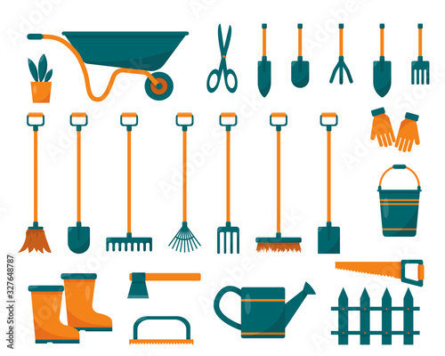 Set of gardening tools and equipment.