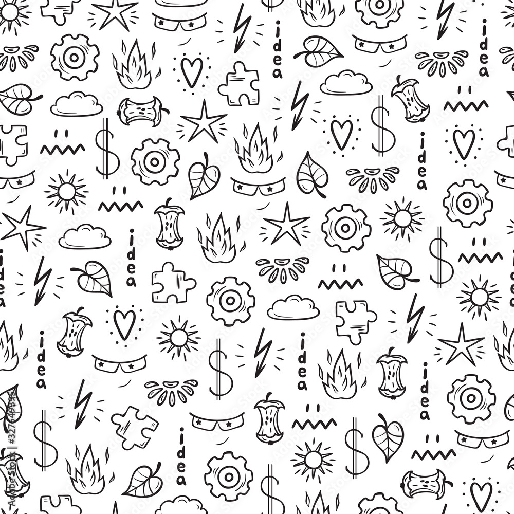 Idea Concept with Various Items Vector Seamless Pattern. Hand drawn doodle Random objects Background