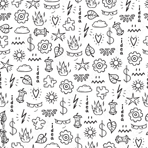 Idea Concept with Various Items Vector Seamless Pattern. Hand drawn doodle Random objects Background