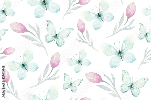 Watercolor colorful butterflies, butterfly, bugs seamless pattern on white background. blue, yellow, pink and red butterfly spring illustration.