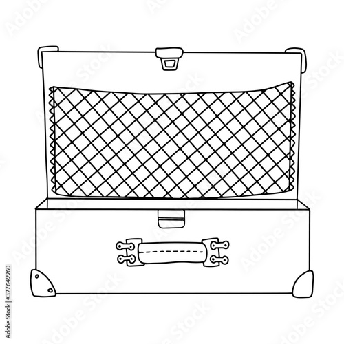 Opened vintage empty suitcase with handle, net and corners. Black and white vector illustration in doodle style. Suitcase without wheels. For design of travel. hand drawn and isolated on white.outline