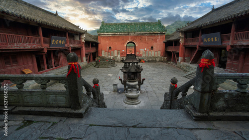 Main courtyard of famous sacred Taizi Po Temple (Fuzheng Guan) located on Lion Peak of Wudang Mountain, Wudang, Hubei province, China photo