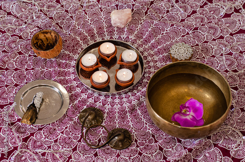 Set with Ayurvedic symbols of the five elements of nature and tibetan singing bowls. Composition of esoteric objects, yoga used for healing, meditation, relaxation and purifying. Aromatherapy. photo