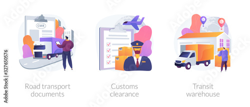 Goods import legal permission metaphors. Road transport document, custom clearance, transit warehouse. Product export and distribution abstract concept vector illustration set.