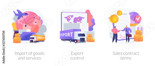 Global trade, distribution and logistics metaphors. Goods and services import, export control, sales contract terms. Maritime, air and land shipment abstract concept vector illustration set.