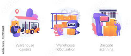 Manufacture management and modern technology implementation metaphors. Warehouse logistics, product storage robotization, barcode scanning abstract concept vector illustration set.