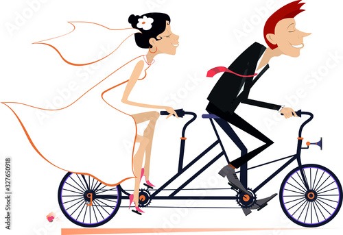 Heterosexual married wedding couple rides on a tandem bike illustration. Happy man and woman in the white dress and bridal goes marriage on the tandem bike isolated on white