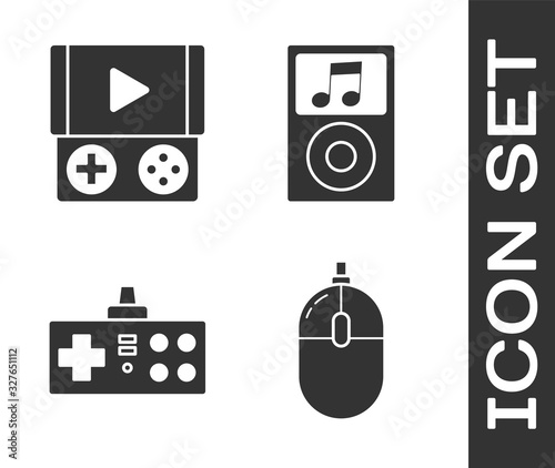 Set Computer mouse, Portable video game console, Gamepad and Music player icon. Vector